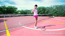 Perfect tiny teen bitch on tennis court playing her tight twat & wet pussy lips